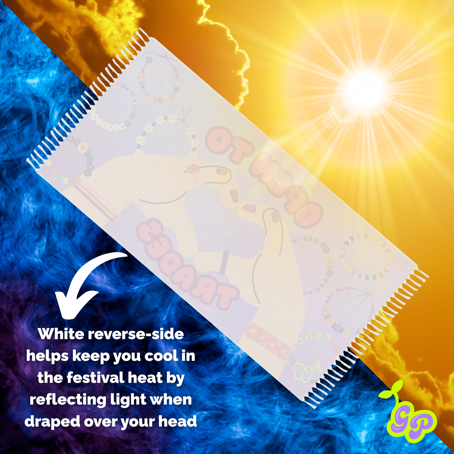 White reverse side of a Ground Pash with kandi bracelet print reflecting sunlight, accompanied by text about keeping cool in festival heat on a blue and yellow background.