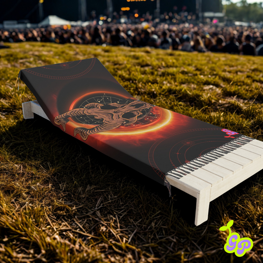 Festival scene with a “Death’s Eclipse” pashmina laid flat on a lounge chair, showcasing a horned skull and solar eclipse design against a dark background.