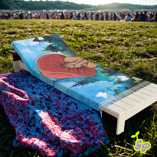 Trippy mushroom figure design on a Ground Pash pashmina draped over a lounge chair on grassy festival grounds