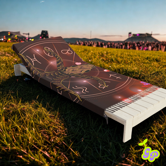 Pashmina with a glowing ram skull and zodiac symbols draped over a lounge chair on grassy festival grounds at sunset, with a crowd and stage in the distance