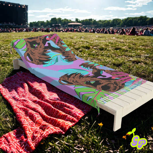 Dinosaur-themed Ground Pash draped over a wooden festival chair on grass, with a stage and crowd in the background.