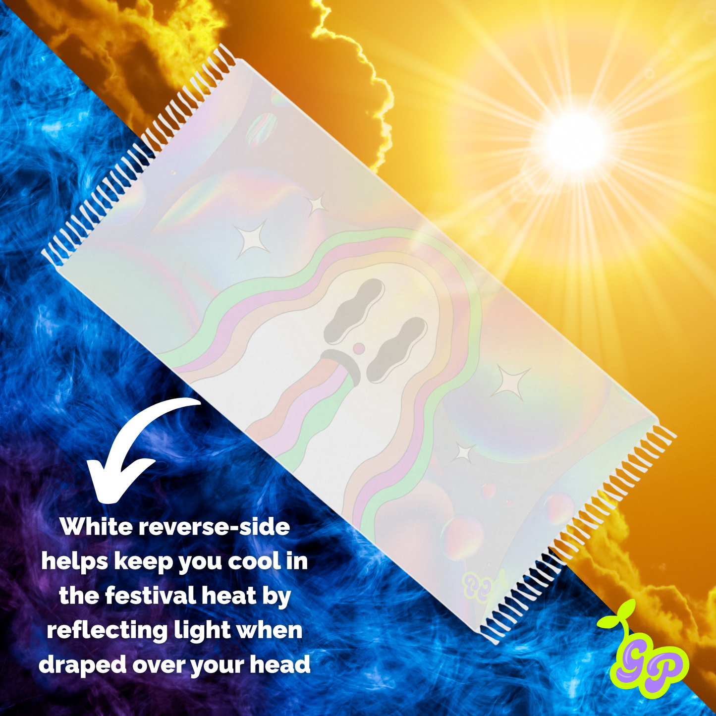 Pastel ghost Ground Pash pashmina shown reflecting heat with white cooling side, rave sun background
