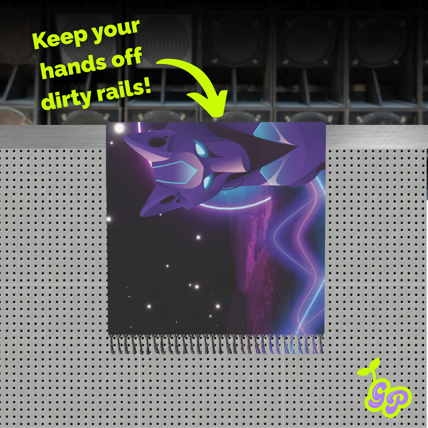 Digital cyber wolf pashmina laying over the stage railing at an EDM festival, showing the benefits of covering dirty rails.