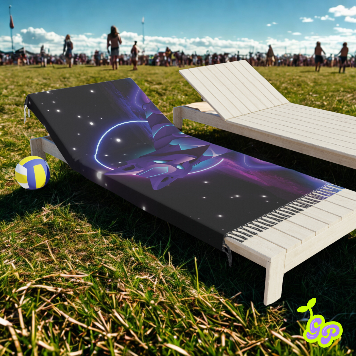 A neon cyber wolf designed pashmina festival shawl, stretched out over a lounge chair on an EDM festival grounds with ravers in the background.