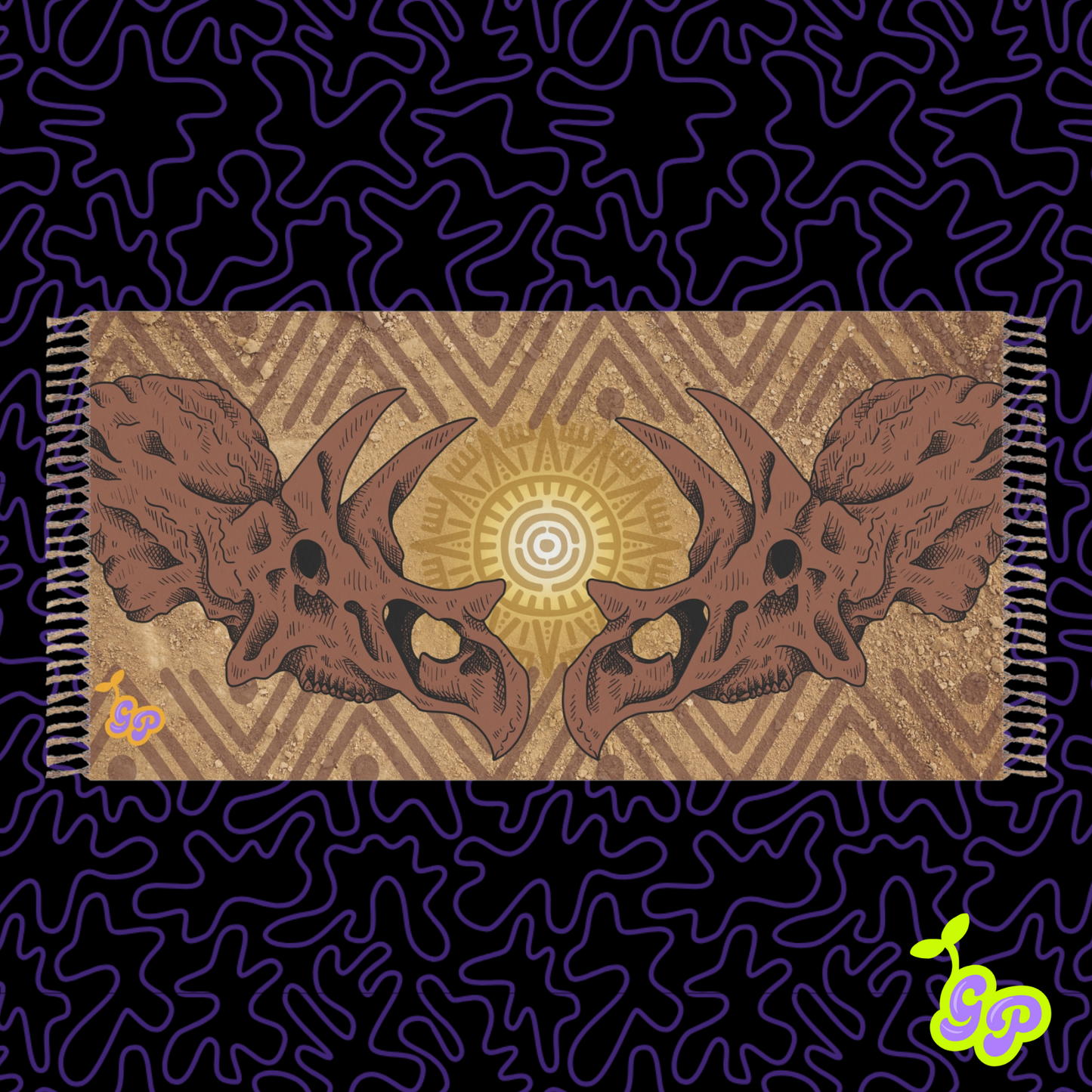 Brown festival pashmina with mirrored triceratops dinosaur skulls on a desert-textured tribal background