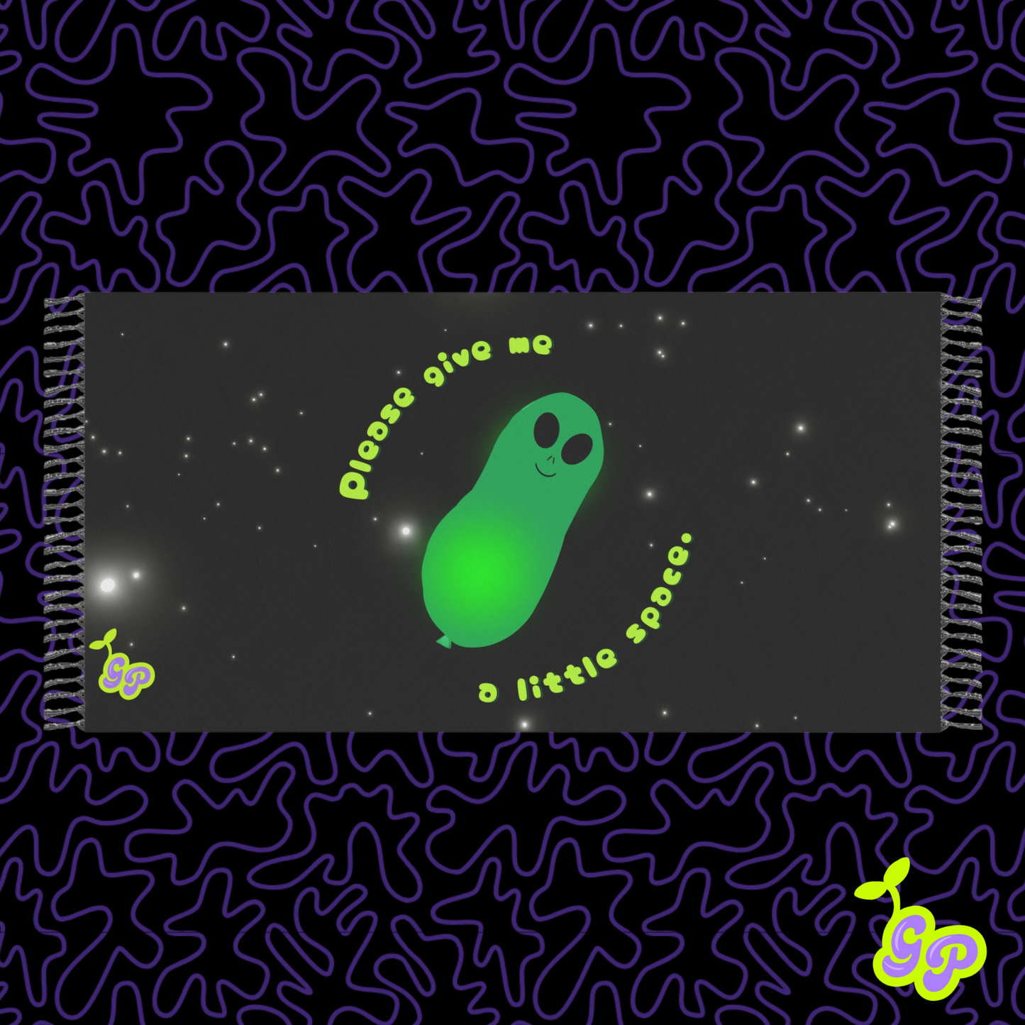 Kawaii alien balloon pashmina with pastel colors draped for display; perfect for spacey EDM rave outfits and festival fashion.