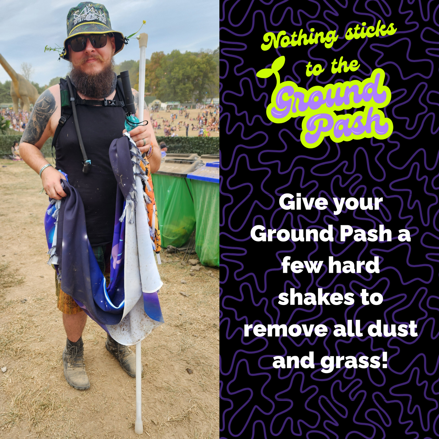 Festivalgoer holding several dusty Ground Pash festival blankets beside a bold graphic that says “Nothing sticks to the Ground Pash — Give your Ground Pash a few hard shakes to remove all dust and grass!”