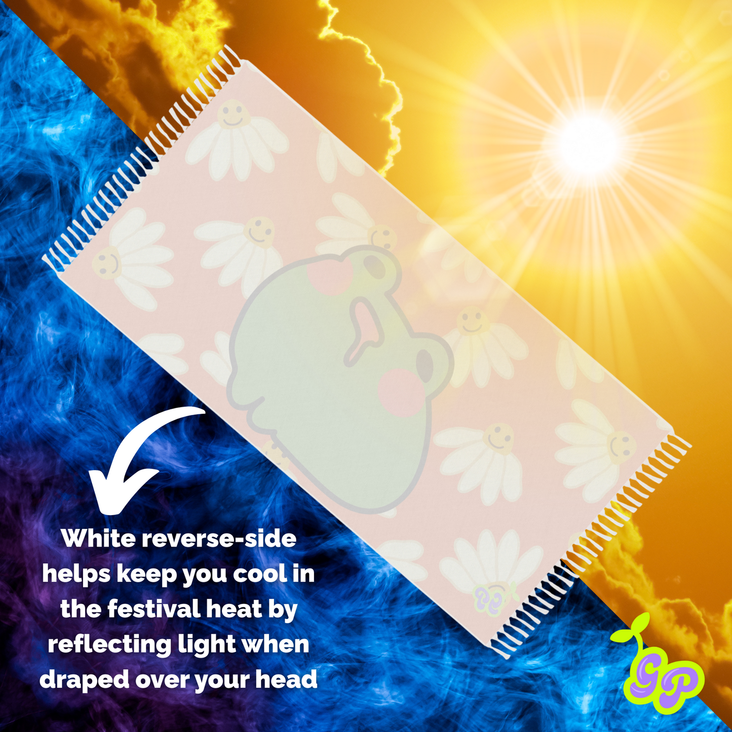 Backside of a frog and daisy-themed Ground Pash shown in sunlight with text explaining its heat-reflective cooling feature for festivals.