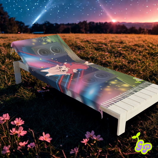 Cute anime rave pashmina draped on a lounge chair in a field at sunset with pastel lasers and speakers in the design