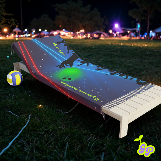 Ground Pash EDM festival pashmina draped over a bench in a grassy nighttime festival scene, showcasing Kevin the Rave Alien Balloon design and colorful lasers.