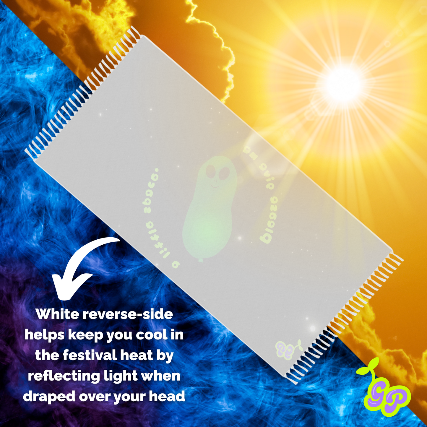 Back of Kevin alien pashmina shown on fire and ice background with text about white reverse side reflecting sunlight to keep you cool at festivals.