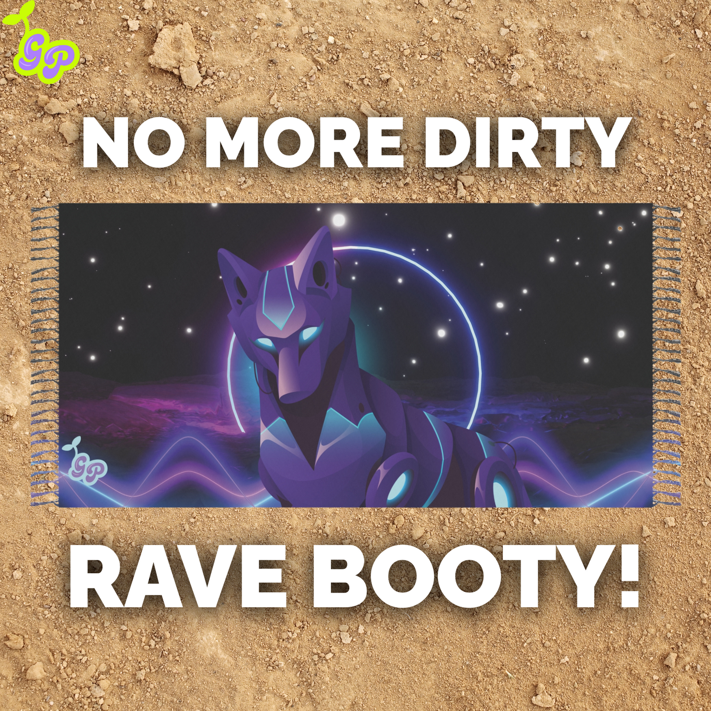 Trippy wolf design pashmina laying on a dirt background with promotional phrase that says, "No more dirty rave booty!"