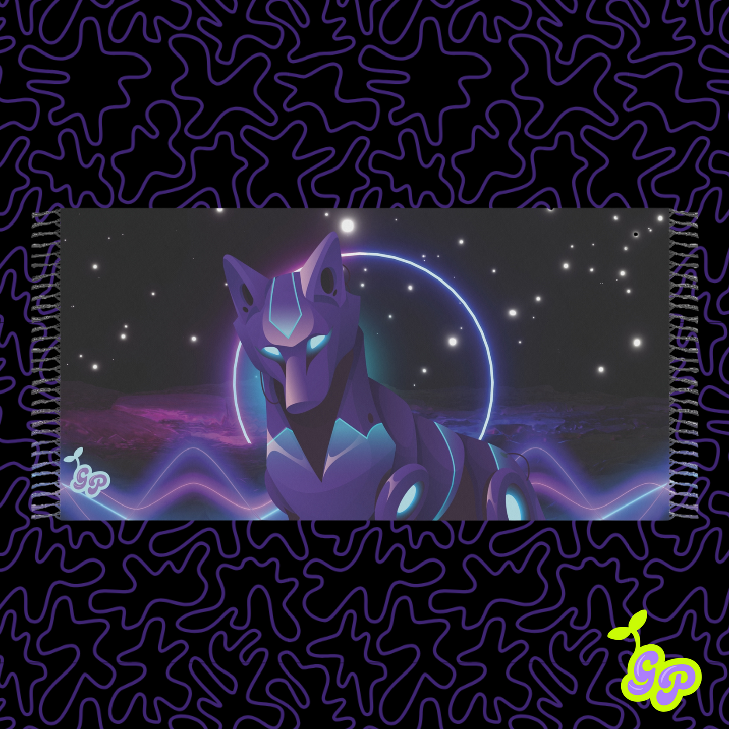 Trippy digital wolf design on the Neon Cyber Rave Wolf pashmina—EDM festival scarf and ground blanket with glowing purple space vibes.