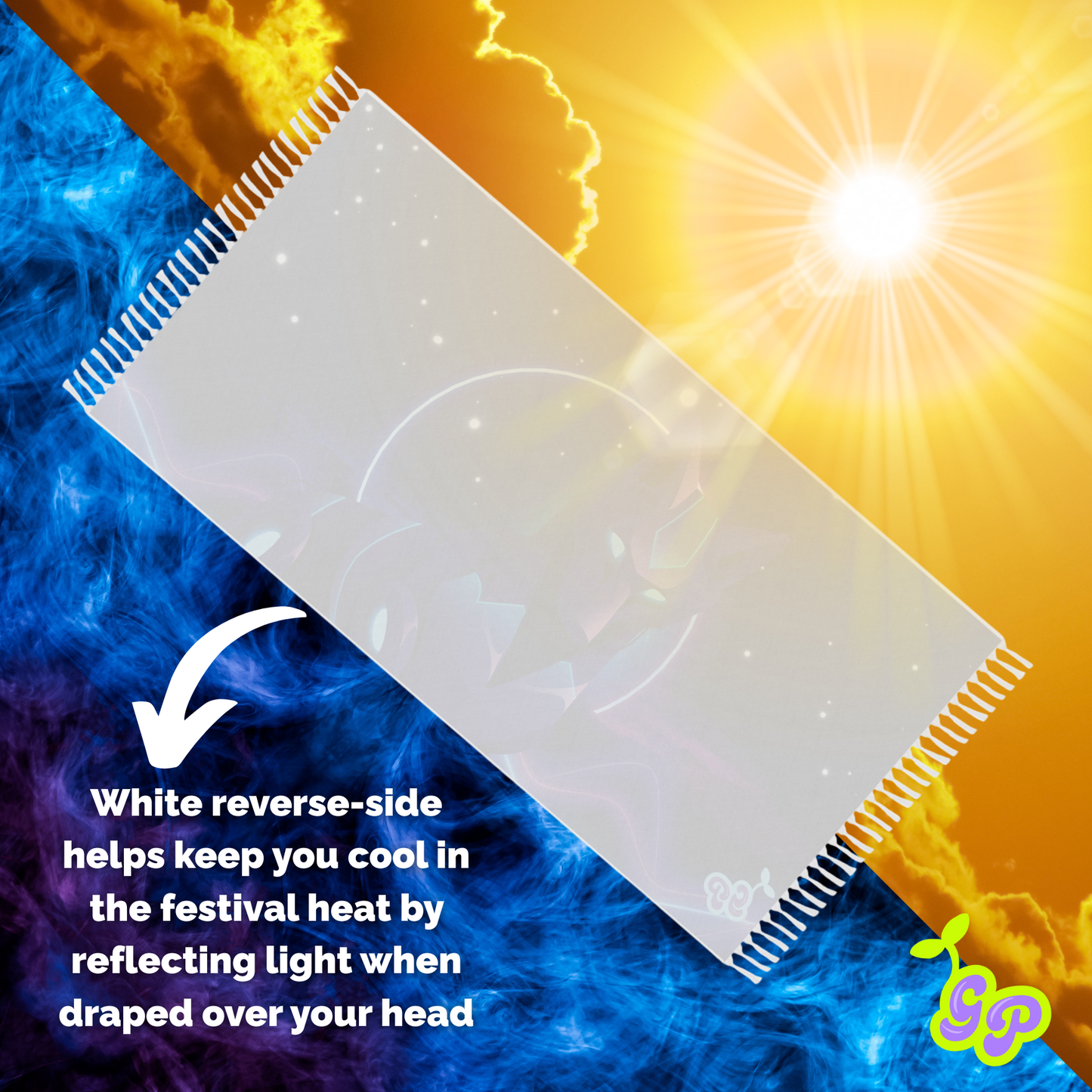 The neon cyber wolf design pashmina flipped over to show it's white backside, demonstrating how it can keep your head cool at hot festivals by reflecting sun.