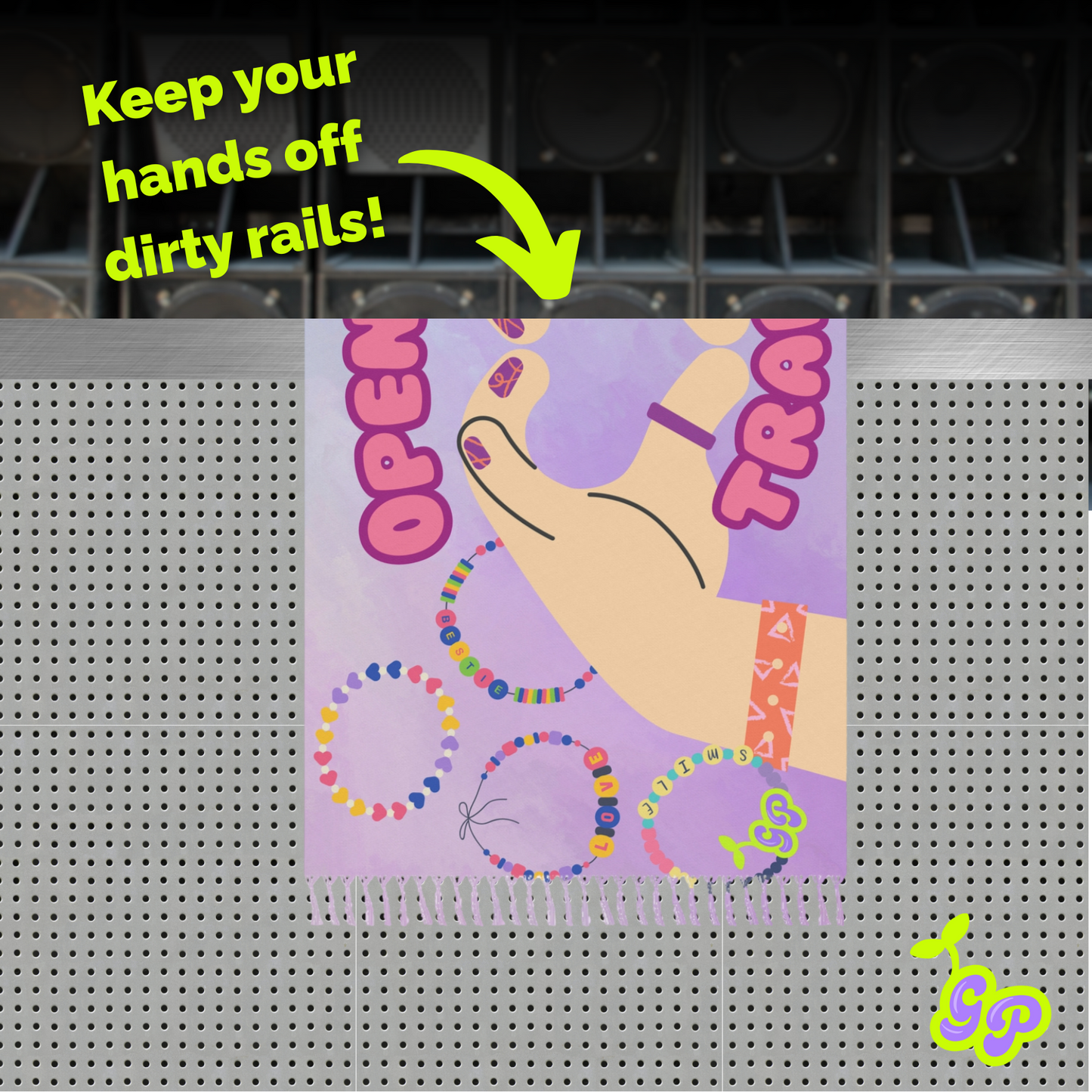 Cartoon hand forming a heart with text "Keep your hands off dirty rails!" on a perforated metal background, featuring kandi bracelets and purple tones.