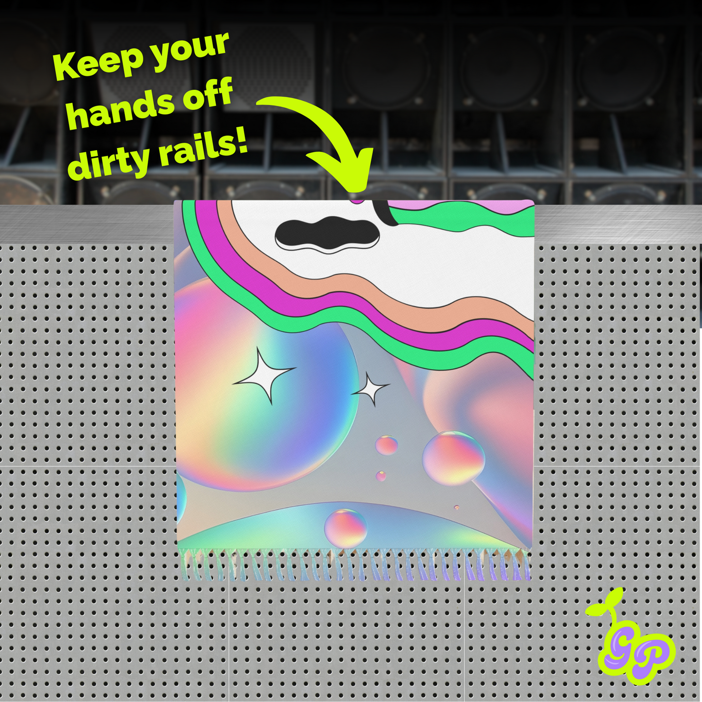 Colorful psychedelic Ground Pash wrapped over dirty barricade rail with bold EDM-inspired warning text