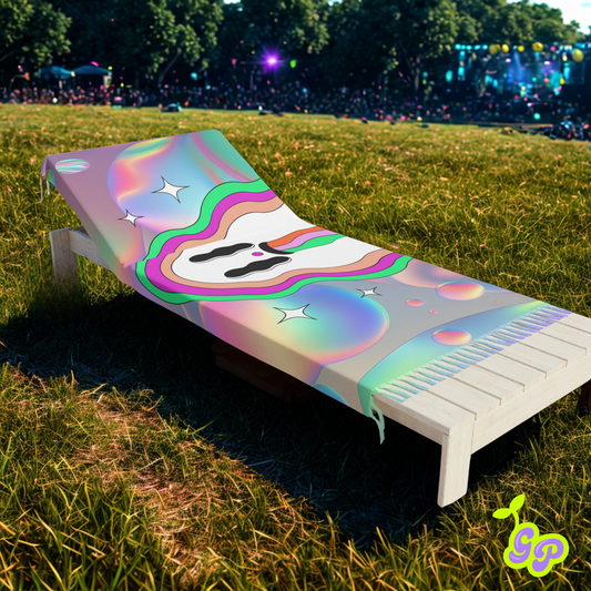 Colorful pastel ghost Ground Pash used as a cover on a lounge chair at an EDM music festival