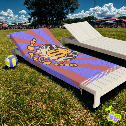 Trippy pashmina draped on a lounge chair with bold smile skull design, perfect for EDM festivals and beach vibes.