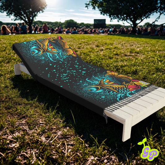 Festival chair featuring Serene Koi Dreamscape pashmina with vibrant koi fish design on black, set on sunny grass with crowd in background.