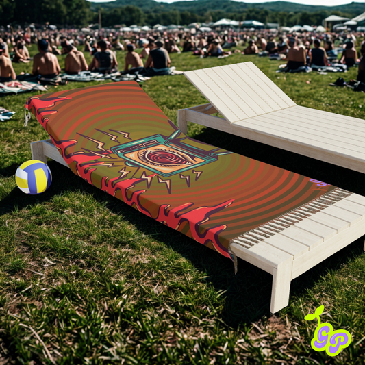 Trippy red and green TV-eye pashmina draped over a lounge chair in a sunny festival field, ideal for rave or EDM events.