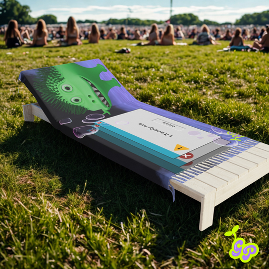 Funny pashmina with a derpy green wook character and pop-up windows design, displayed on a lounge chair at an outdoor music festival.