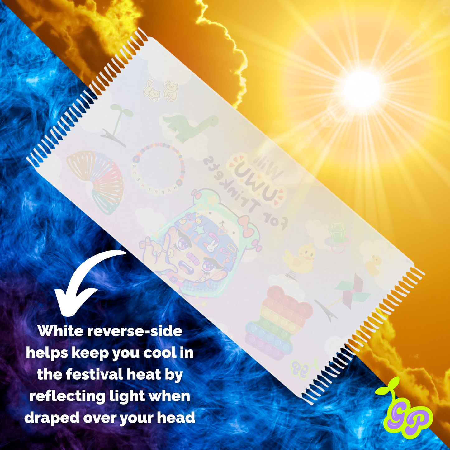 Backside of Ground Pashmina with white reverse facing up on a fire-and-ice graphic background, showing how the light-reflective material helps you stay cool in the sun.