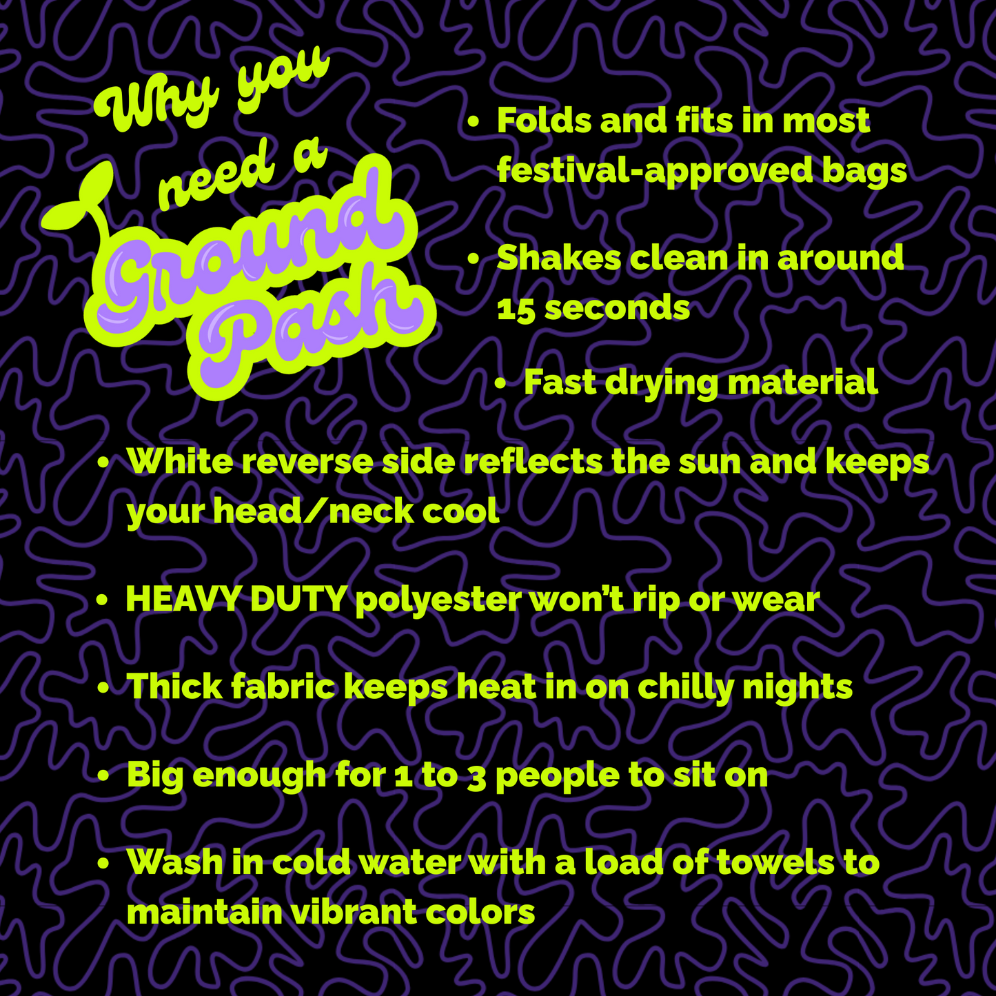 Dark background graphic titled “Why you need a Ground Pash” with a bullet list of product features including fast-drying fabric, foldability, white reverse side for cooling, and heavy-duty polyester.