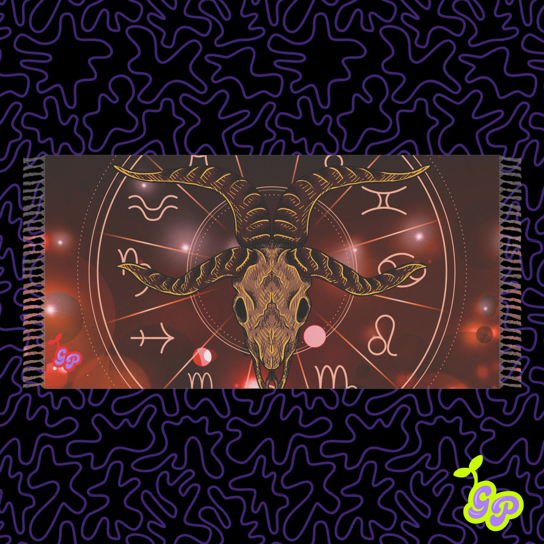Pashmina featuring a detailed ram skull illustration over an astrological zodiac wheel with red glowing accents