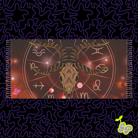 Pashmina featuring a detailed ram skull illustration over an astrological zodiac wheel with red glowing accents