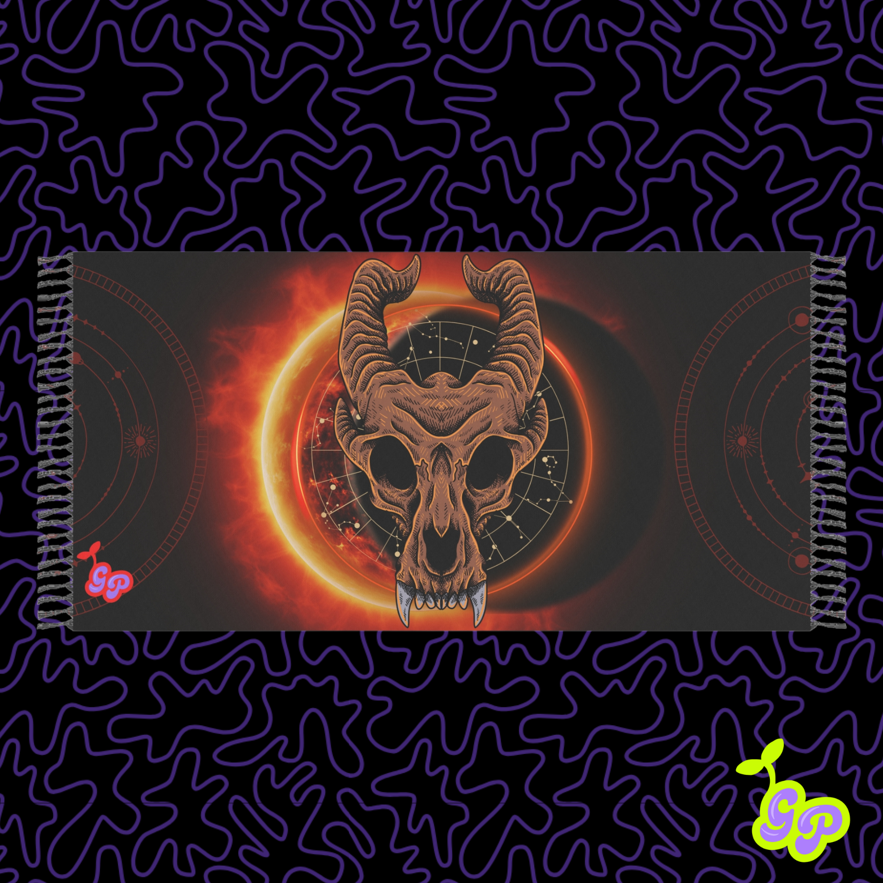Gothic pashmina design featuring a horned skull and solar eclipse backdrop, surrounded by star charts