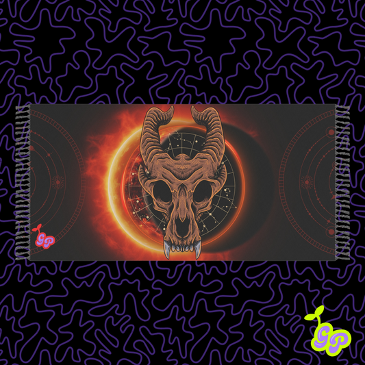 Gothic pashmina design featuring a horned skull and solar eclipse backdrop, surrounded by star charts