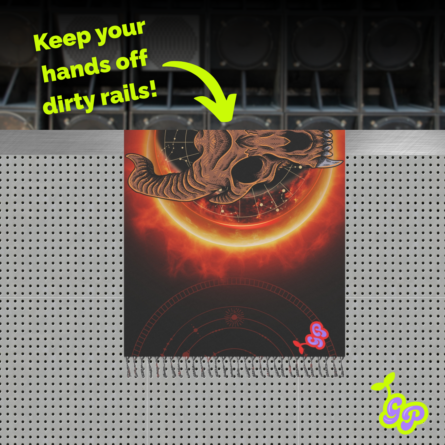 Death’s Eclipse pashmina draped over a textured metal rail in front of a festival stage, with the caption “Keep your hands off dirty rails!” and a neon green arrow pointing down.
