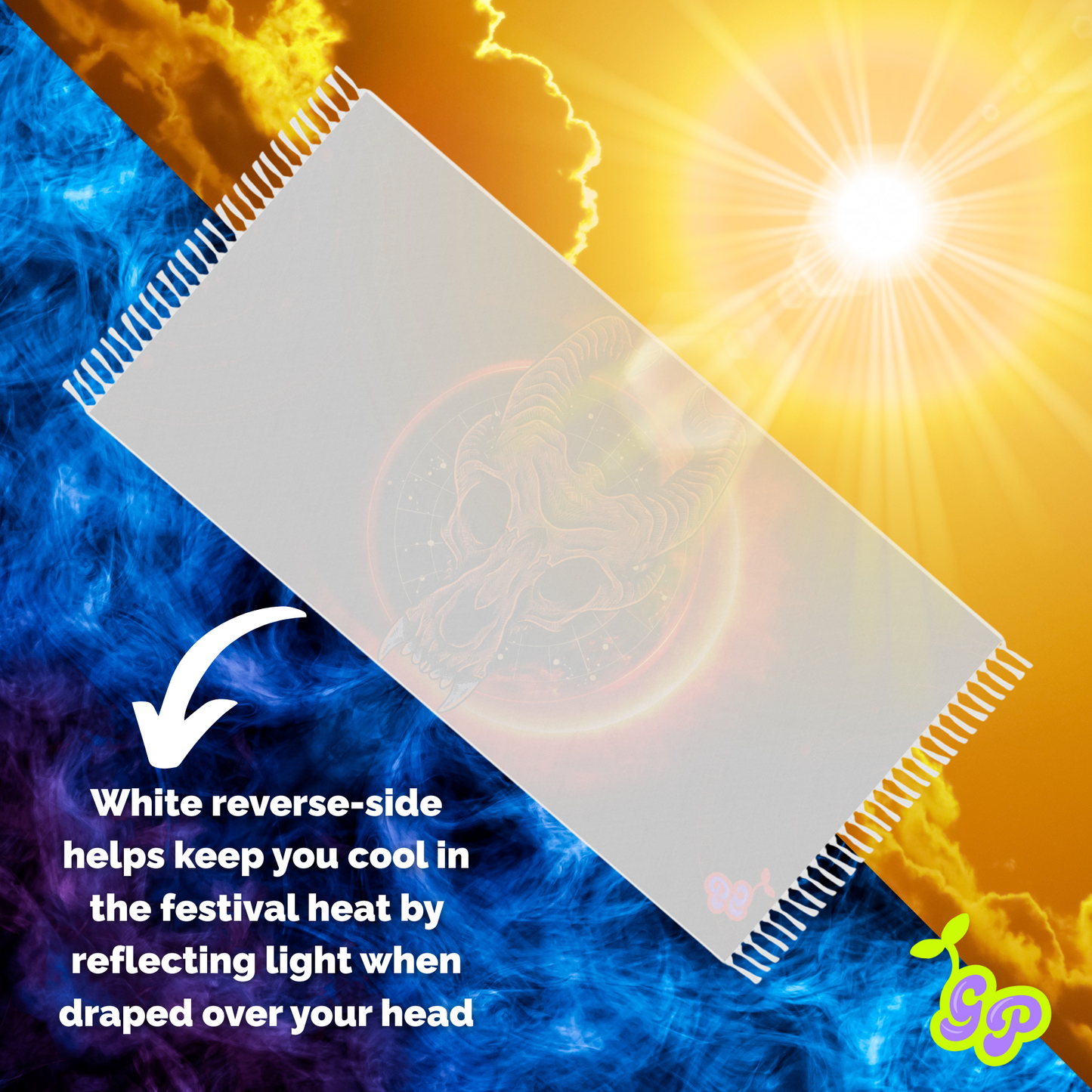 Death’s Eclipse pashmina flipped to show the white reverse side, glowing under intense sun rays with a blue and gold sky background. Caption reads: “White reverse-side helps keep you cool in the festival heat by reflecting light when draped over your head.”