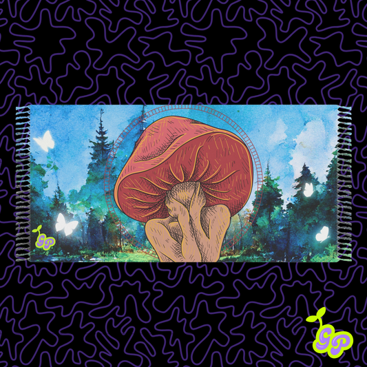 Surreal mushroom figure with forest and butterflies on a psychedelic festival pashmina