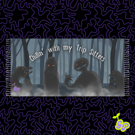 Dark forest scene with spooky cartoon creatures and the text "Chillin’ with my Trip Sitters" on a Ground Pash festival pashmina.