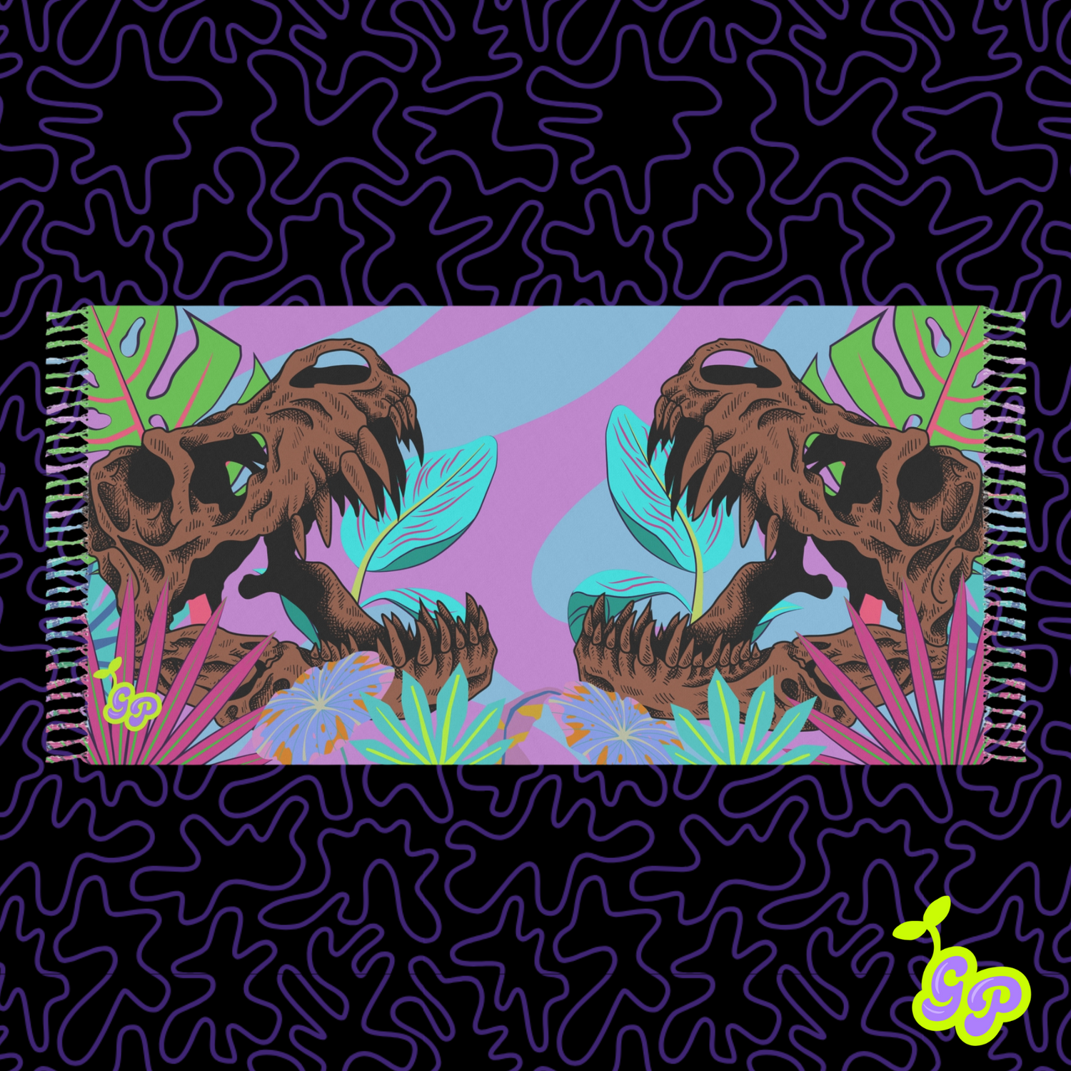 Ground Pash featuring two tyrannosaurus dinosaur skulls among colorful tropical plants, with a pink, purple, and blue background.