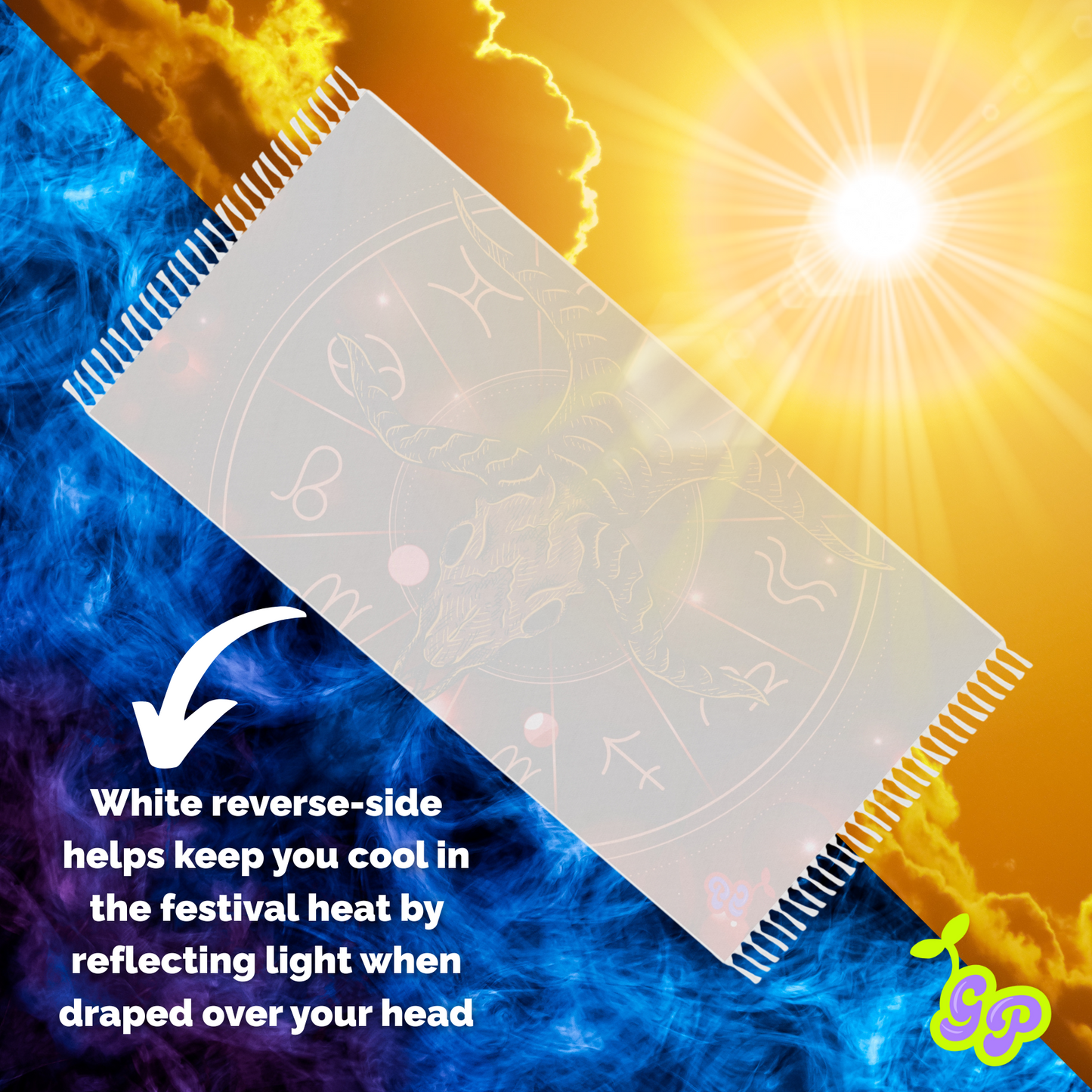 White reverse side of a Ground Pash with astrology skull design, displayed against vibrant orange sun and blue flame textures. Text explains its heat-reflective benefit for festival use.