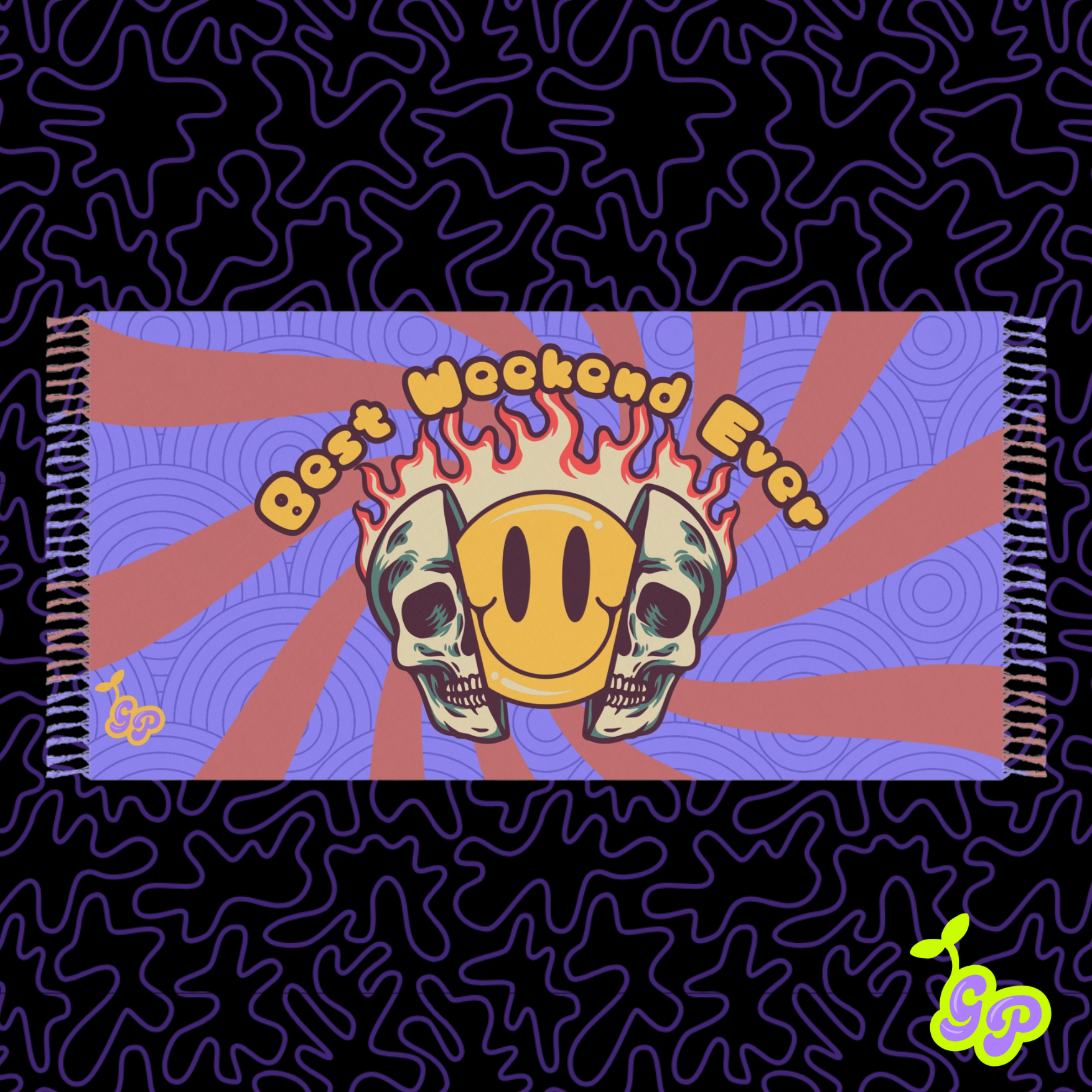 Trippy kawaii pashmina with a smiley face coming out of a split skull, and flames reading 'Best Weekend Ever' on a vibrant purple swirl background.

