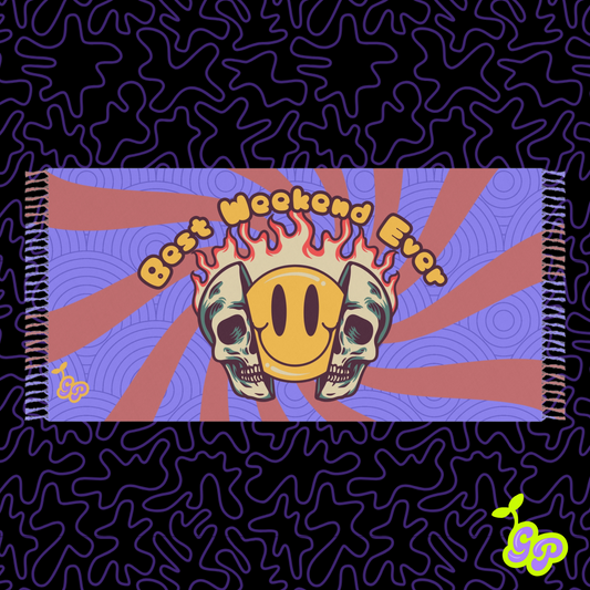 Trippy kawaii pashmina with a smiley face coming out of a split skull, and flames reading 'Best Weekend Ever' on a vibrant purple swirl background.

