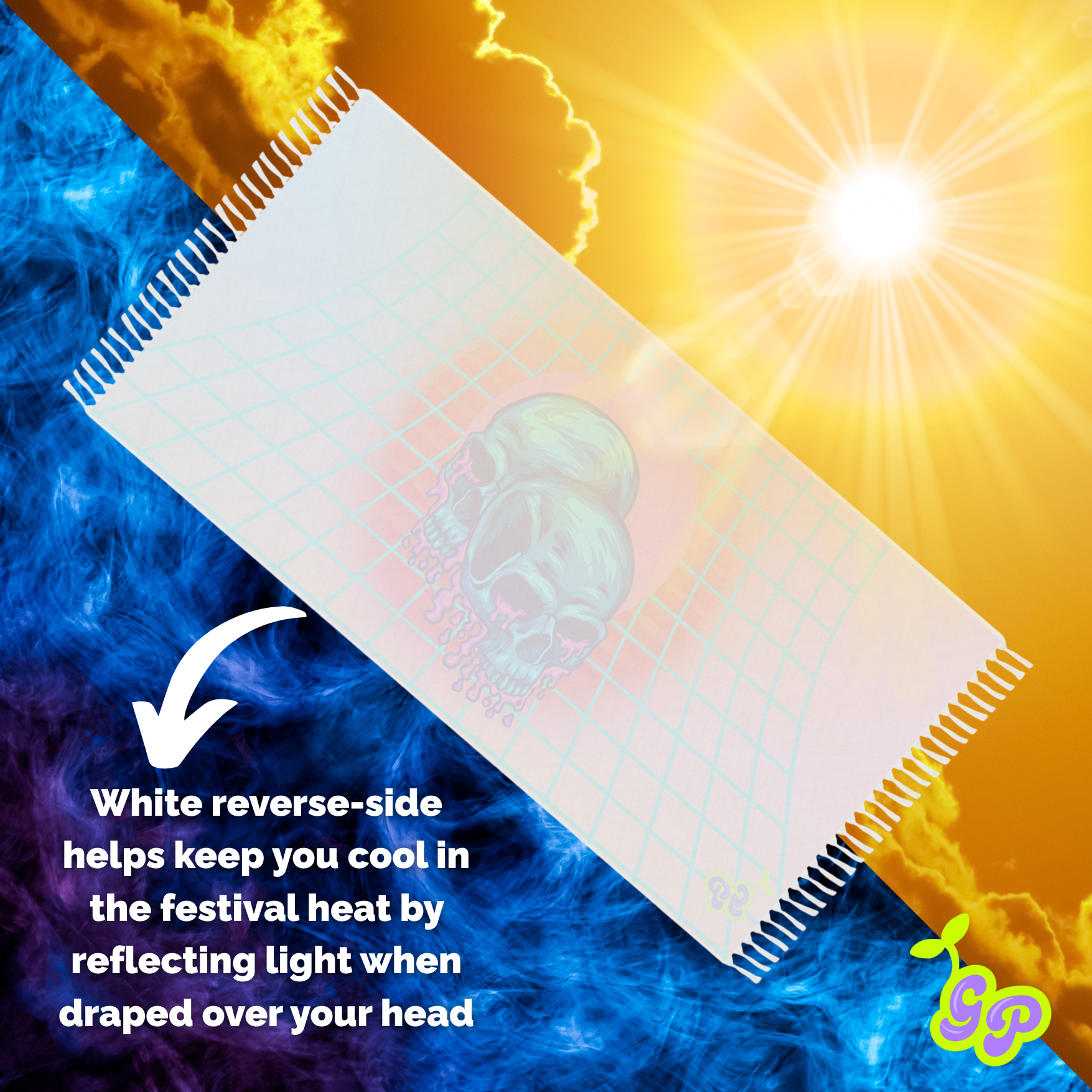 Ground Pash towel flipped to its white reverse side, reflecting sunlight with bold text highlighting its cooling benefits for hot festival weather.