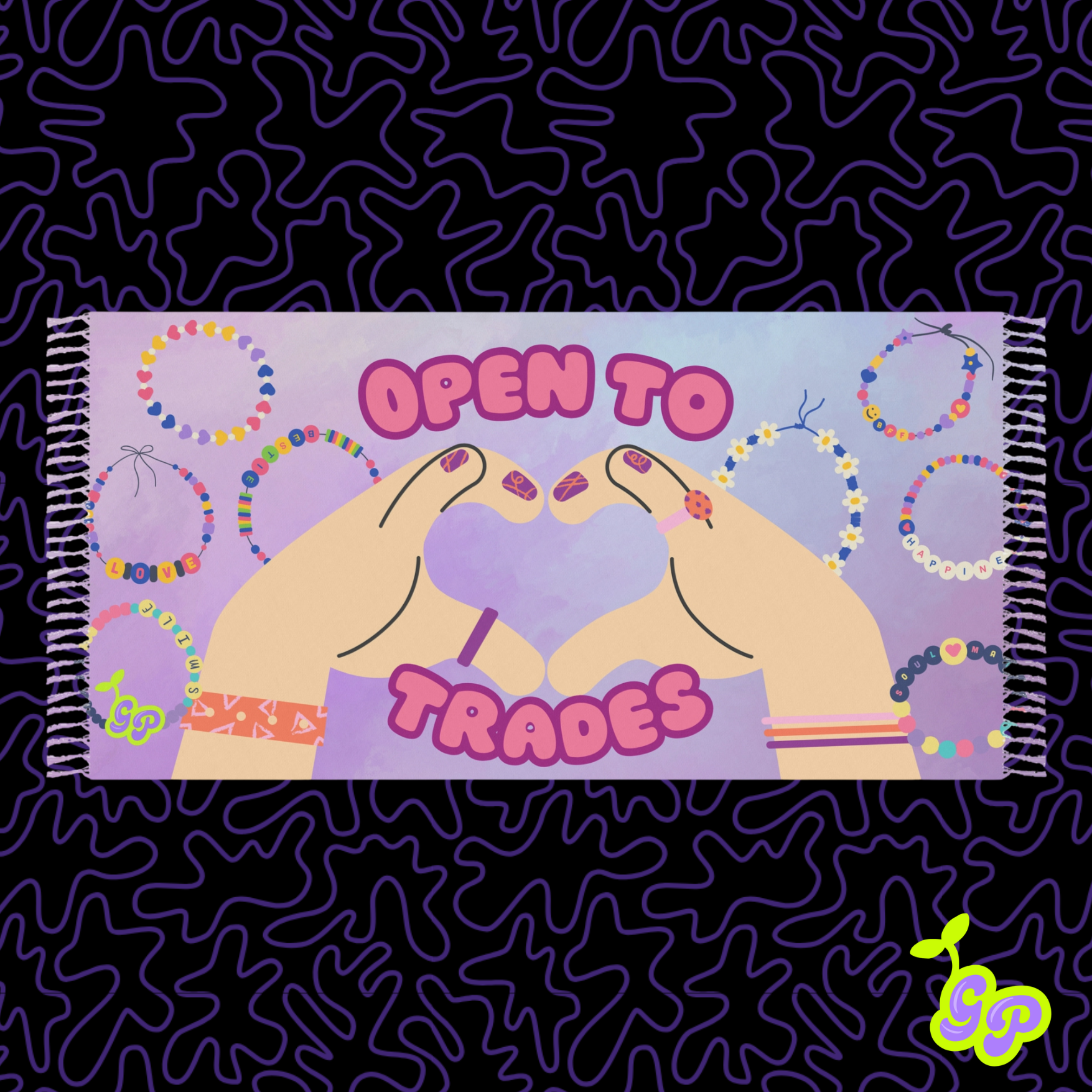 Pashmina featuring two cartoon hands forming a heart surrounded by colorful kandi bracelets with the words "Open to Trades" on a pastel purple background.
