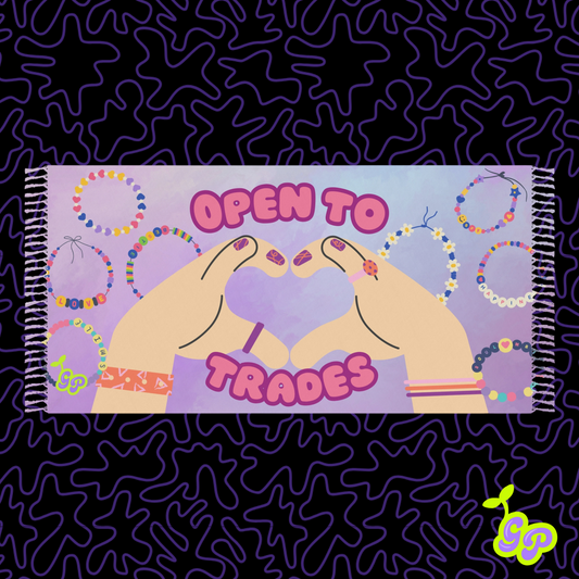 Pashmina featuring two cartoon hands forming a heart surrounded by colorful kandi bracelets with the words "Open to Trades" on a pastel purple background.
