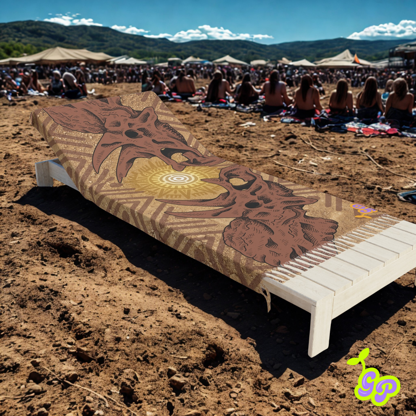 Festival pashmina with mirrored triceratops skulls and tribal sunburst design draped over a white lounger on dry desert terrain, surrounded by festivalgoers.