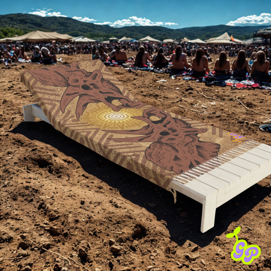 Festival pashmina with mirrored triceratops skulls and tribal sunburst design draped over a white lounger on dry desert terrain, surrounded by festivalgoers.