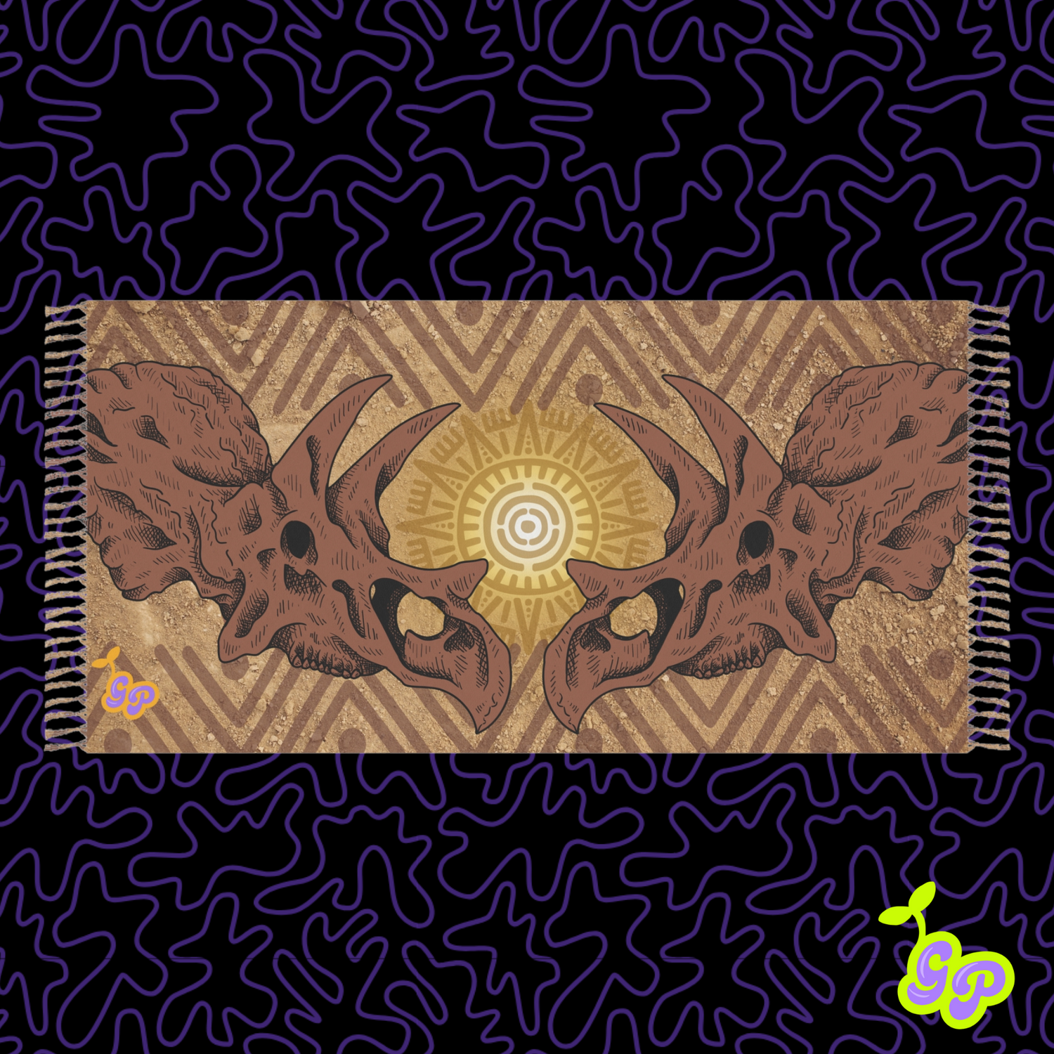 Brown festival pashmina with mirrored triceratops dinosaur skulls on a desert-textured tribal background