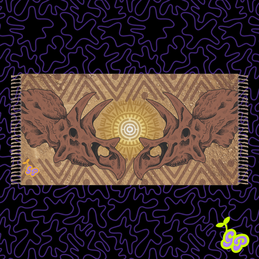Brown festival pashmina with mirrored triceratops dinosaur skulls on a desert-textured tribal background