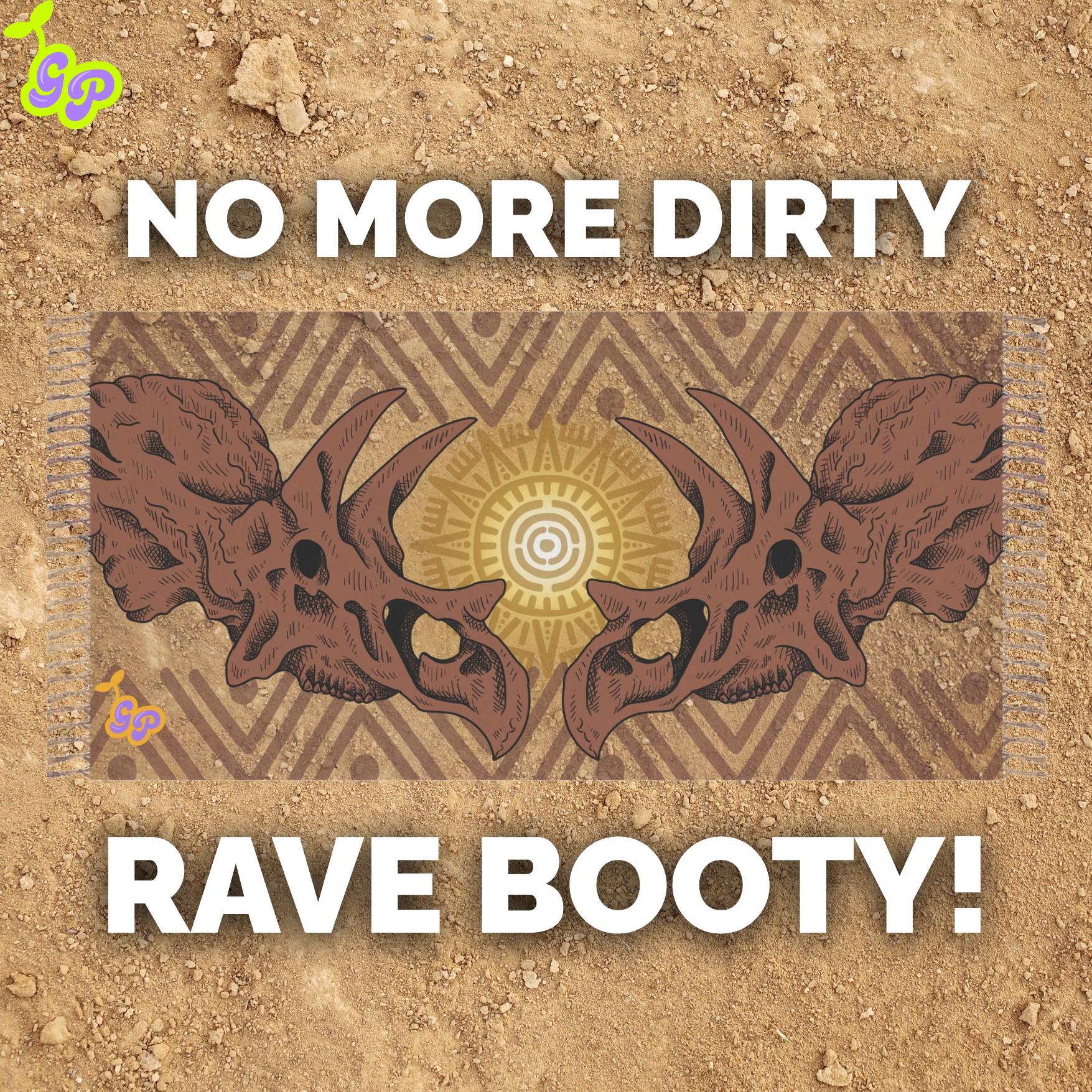 Festival pashmina with mirrored dinosaur skull design and tribal sunburst pattern displayed on a sandy background with bold white text saying "NO MORE DIRTY RAVE BOOTY!"