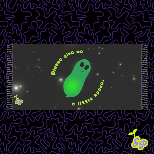 Kawaii alien balloon pashmina with pastel colors draped for display; perfect for spacey EDM rave outfits and festival fashion.