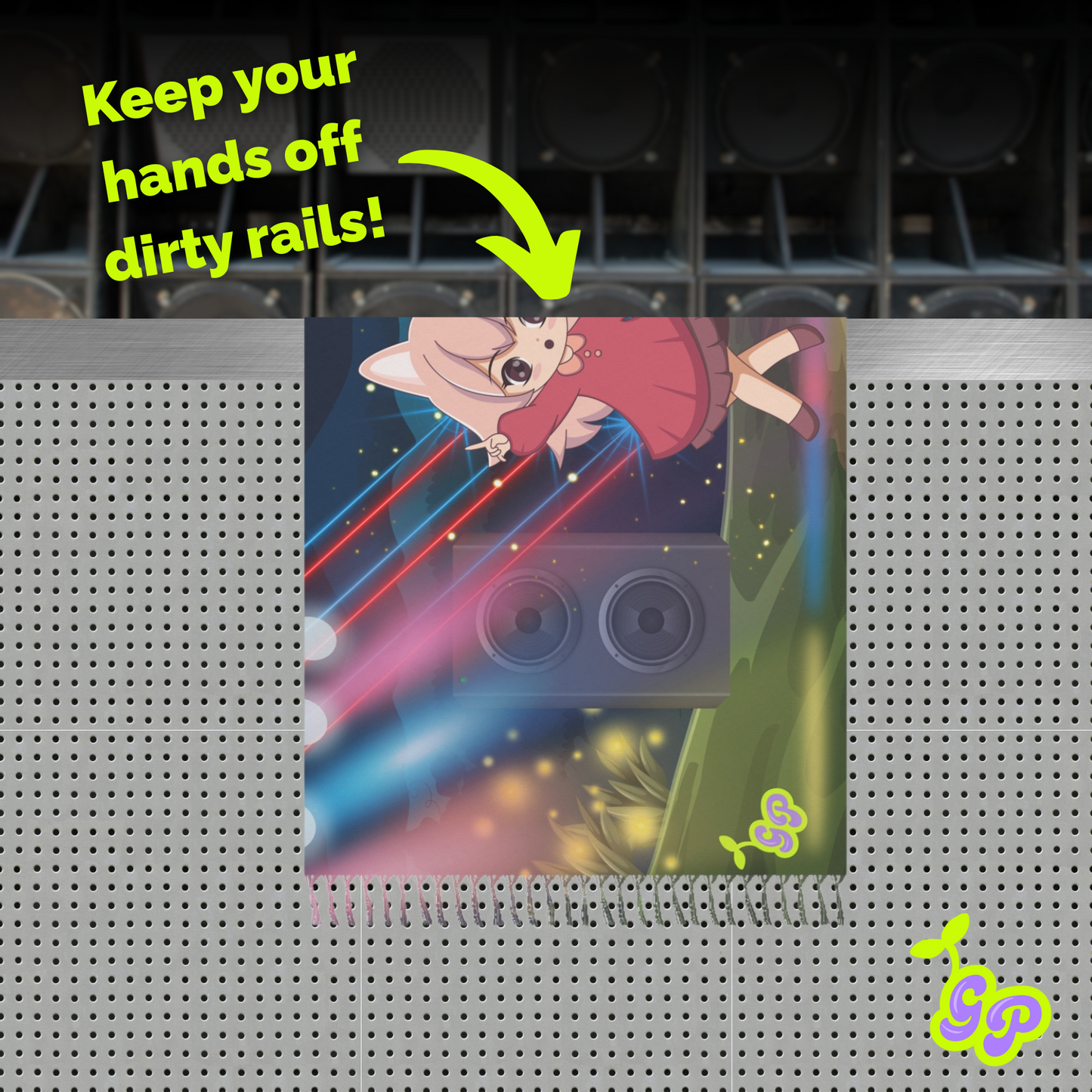 Anime girl pashmina draped over rail at EDM festival with warning text 'Keep your hands off dirty rails' and a bright green arrow