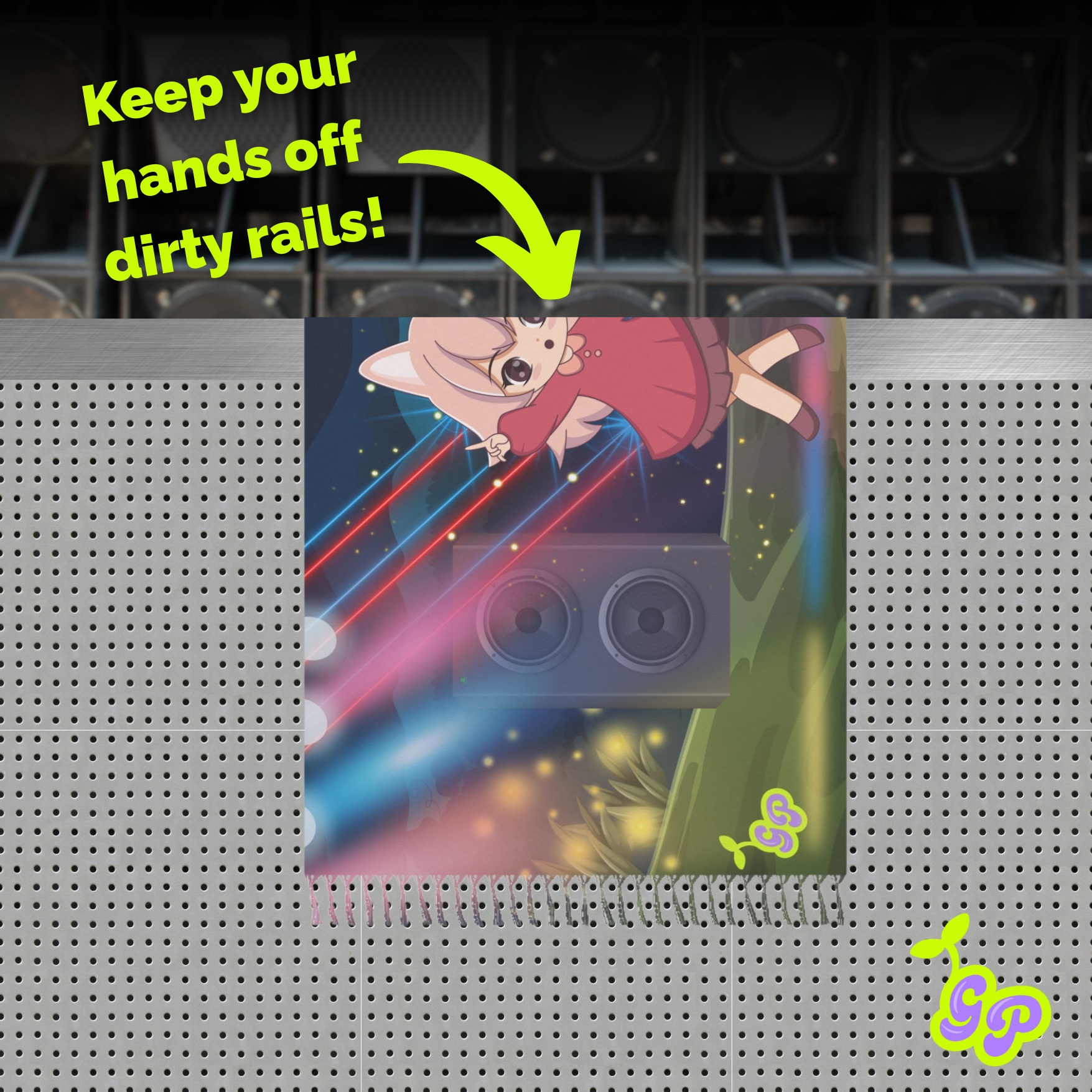 Anime girl pashmina draped over rail at EDM festival with warning text 'Keep your hands off dirty rails' and a bright green arrow